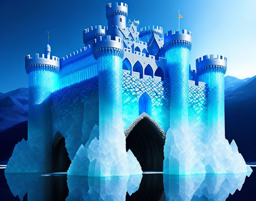 Fantastical ice castle with blue turrets reflected in water against mountain backdrop