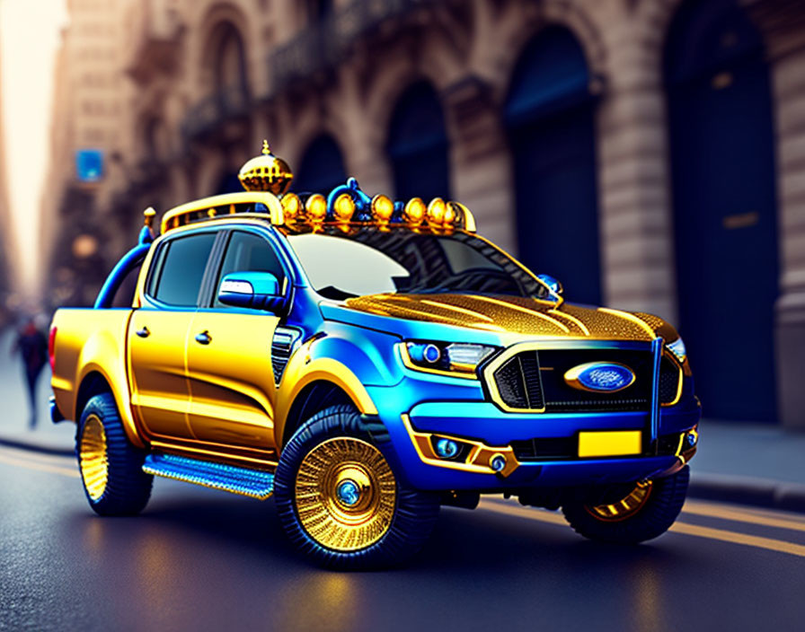 Golden Ford pickup truck with glowing rims and lights in urban setting