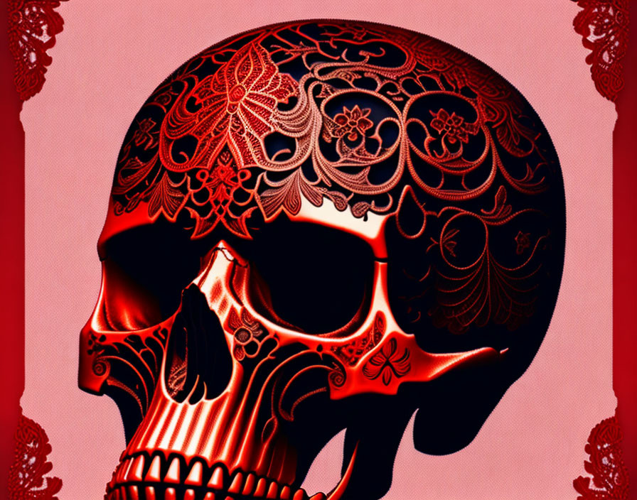 Ornate floral skull design on red background