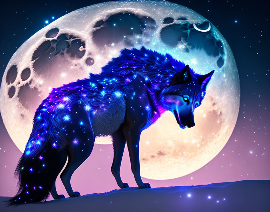 Neon-lit wolf with starry texture under dual-toned moon