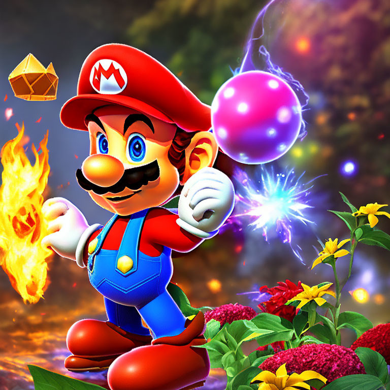 Colorful Animated Mario Character with Magical Effects and Gold Gem