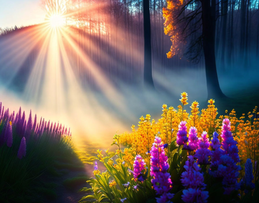 Colorful Flowers and Sunrays in Misty Forest Scene at Dawn or Dusk