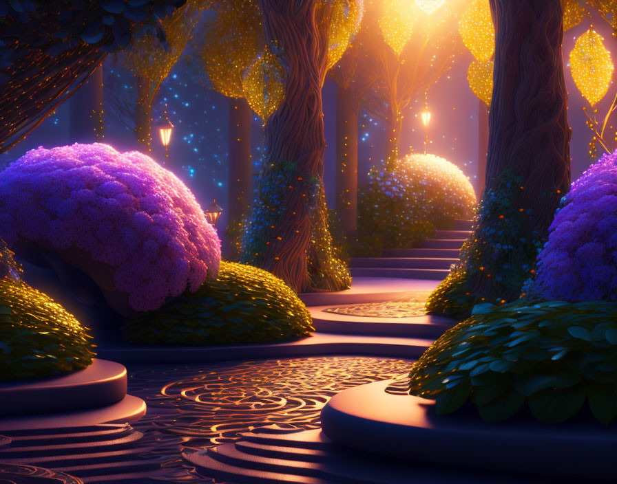 Enchanted forest with glowing trees, purple flora, and starlit sky