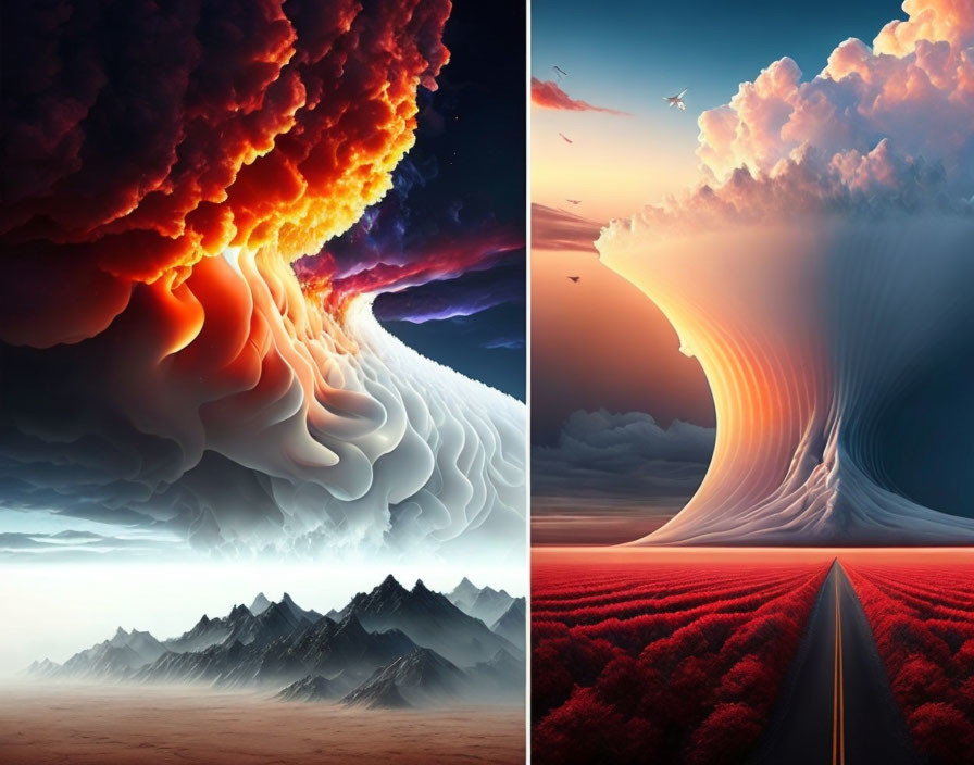 Artwork: Split Scenes of Fiery Clouds and Serene Tornado Shape