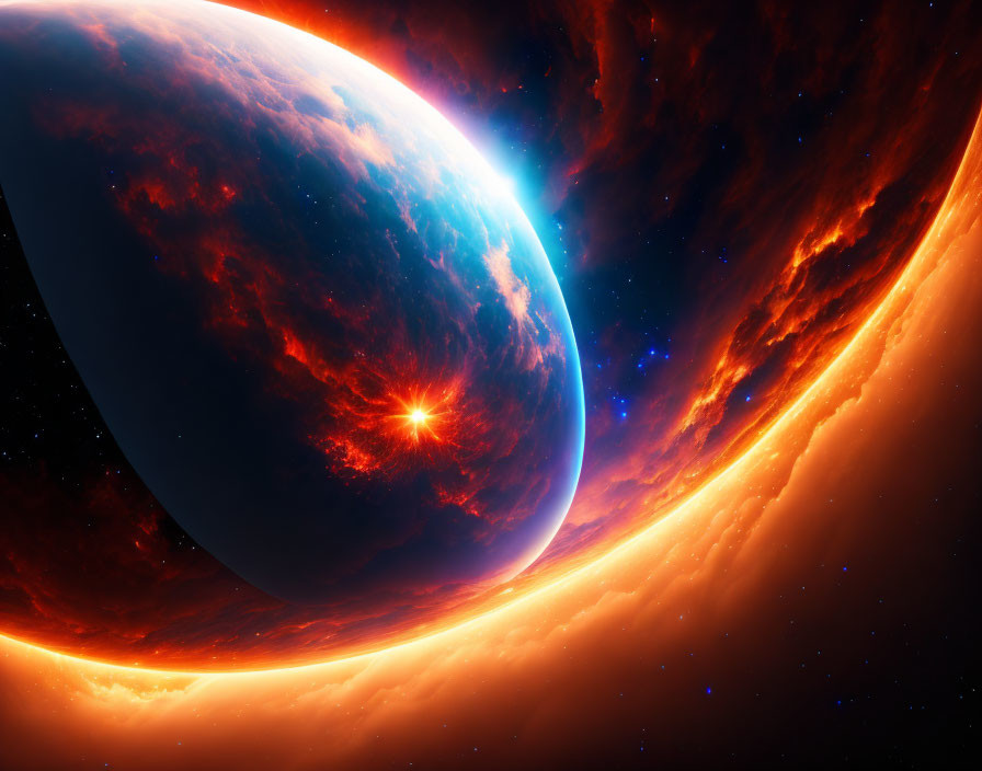 Vibrant space scene with large celestial body, star glint, and cosmic clouds