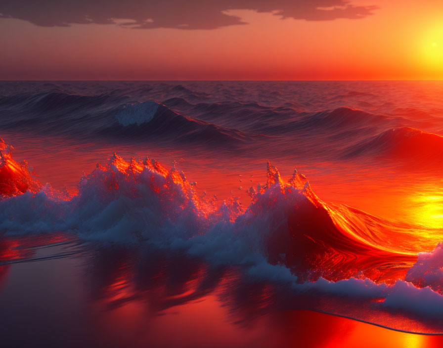 Ocean waves under vibrant orange and red sunset sky with shimmering reflections