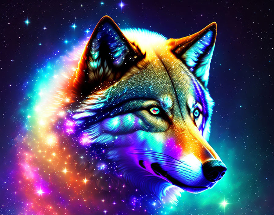 Colorful Wolf Artwork with Cosmic Background in Neon Tones