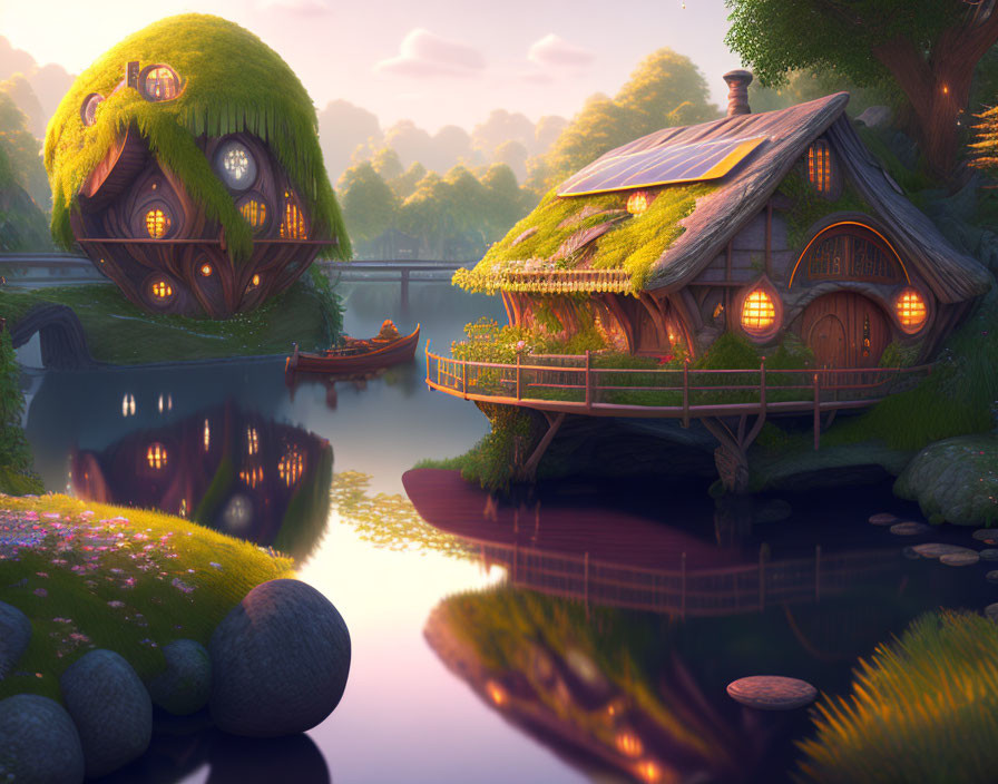 Serene fantasy landscape with hobbit-style houses by river