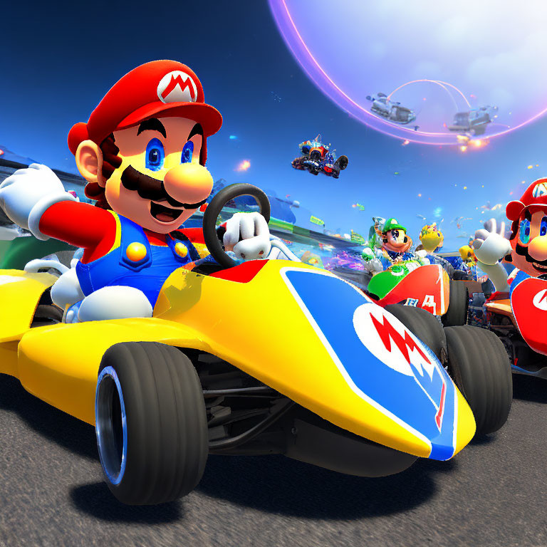 Futuristic go-kart race with Mario characters on vibrant track