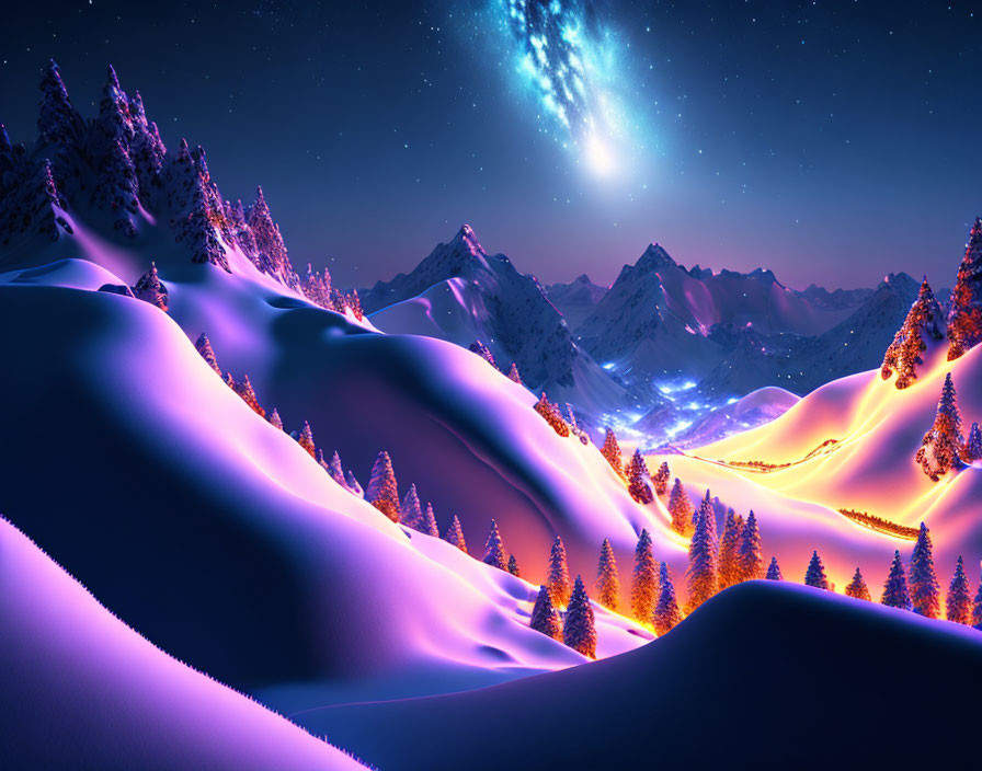 Digital art: Snowy mountain night scene with neon lights