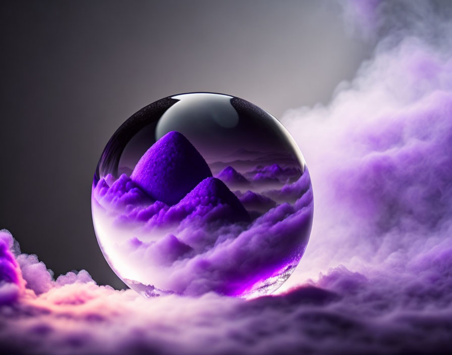 Vivid purple mountain landscape in crystal ball