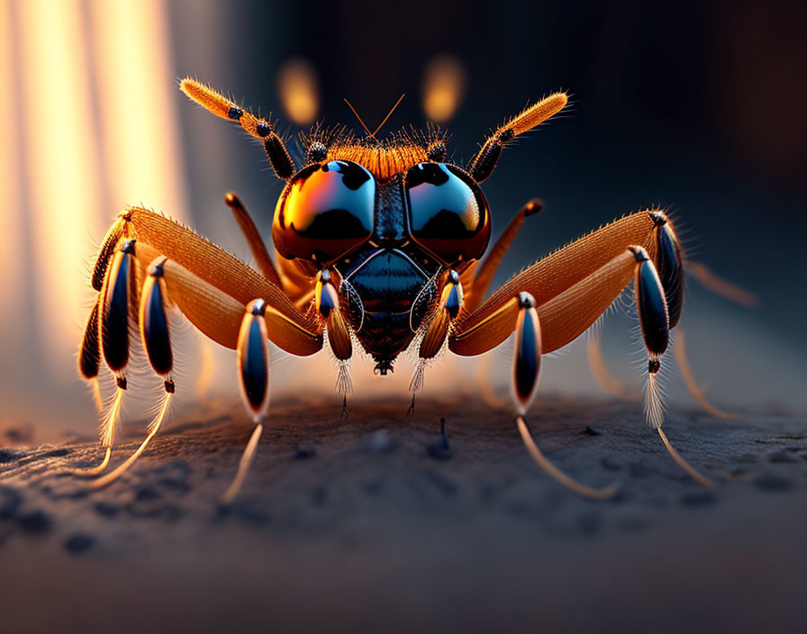 Detailed close-up: Vibrant orange housefly with reflective eyes on soft blue background