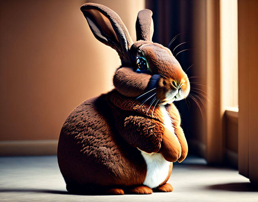 Brown rabbit with large ears near warm backlit window