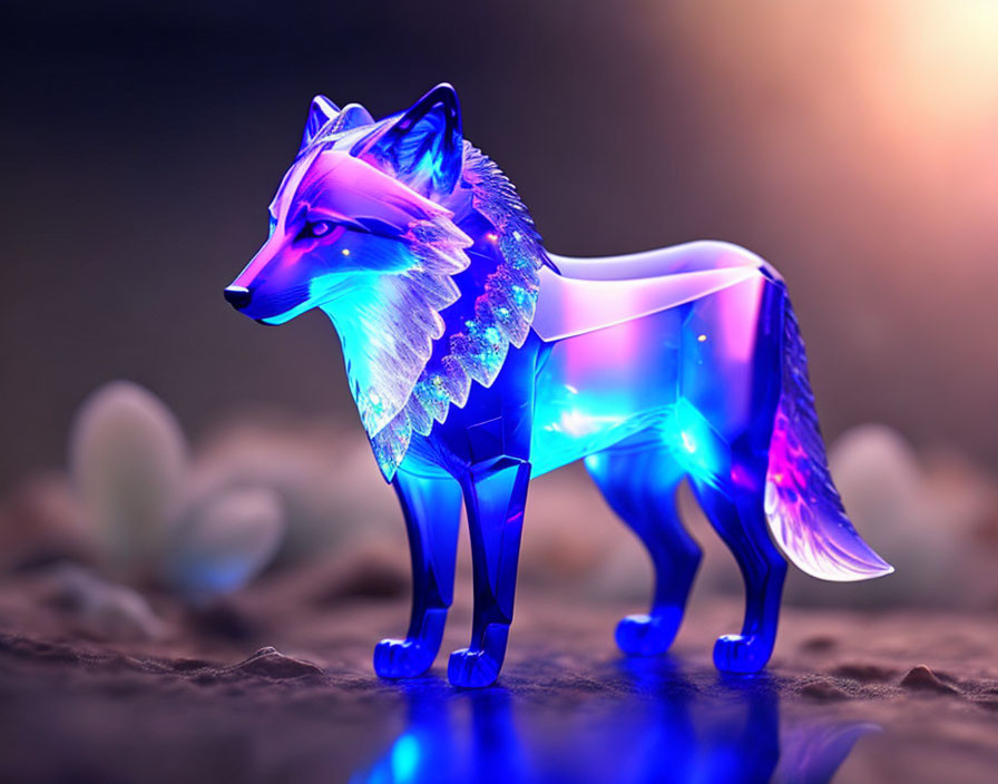 Translucent iridescent wolf in blue and purple against twilight background