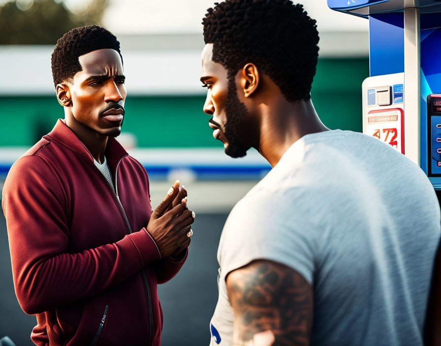 Two men in deep conversation at a gas station