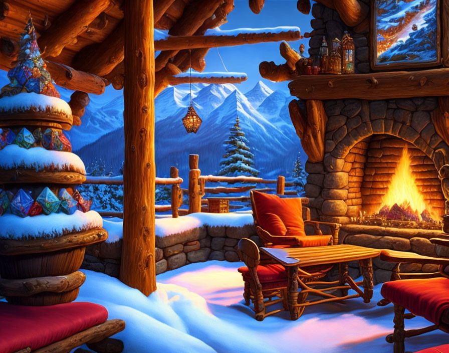 Rustic cabin interior with fireplace, winter decor, and snowy mountain view