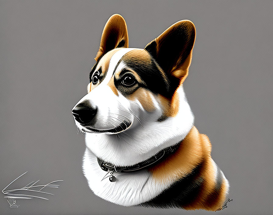 Tricolor Corgi Digital Portrait on Grey Background