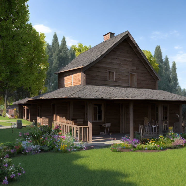 Rustic wooden cabin with wraparound porch in green landscape