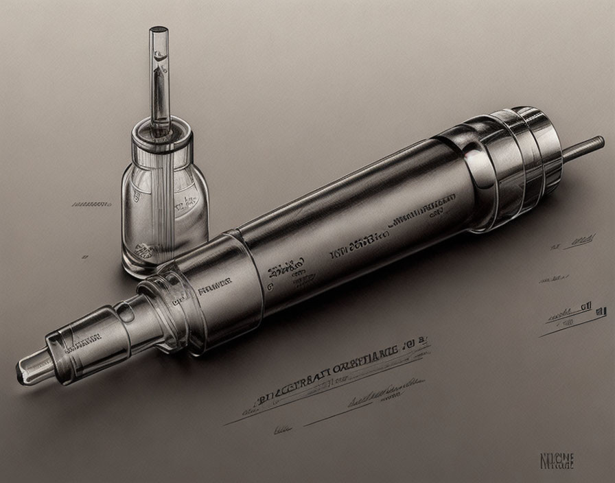 Detailed Vintage Syringe Technical Drawing on Textured Brown Background