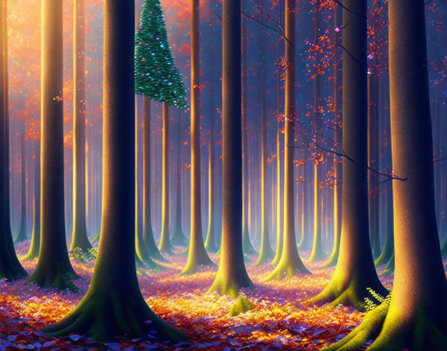 Enchanting forest with tall trees, red leaves, and floating tree adorned with butterflies