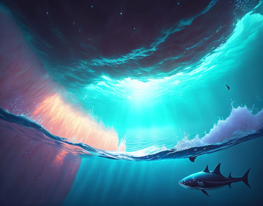 Underwater scene with shark, fish, and radiant light.