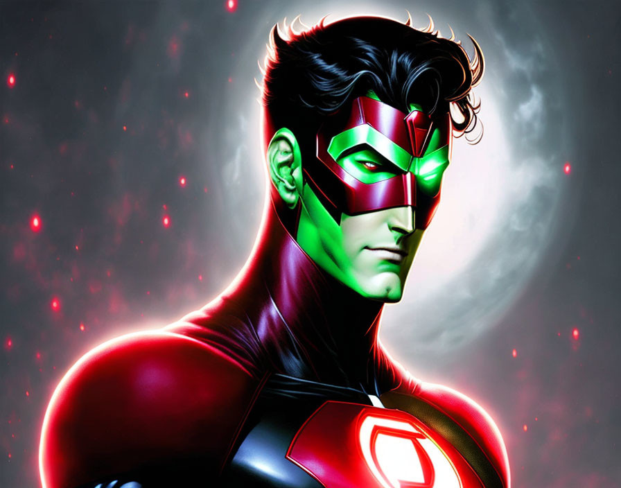 Male superhero illustration in red and black costume with 'S' emblem and glowing visor