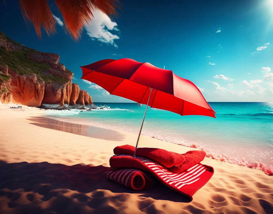 Red umbrella, towels, sandy beach, blue skies, azure water, rocky cliffs