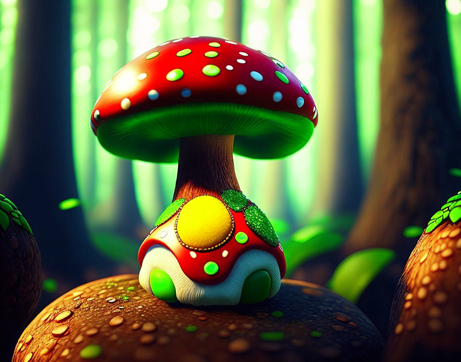 Vibrant red-capped mushroom in mystical forest scene