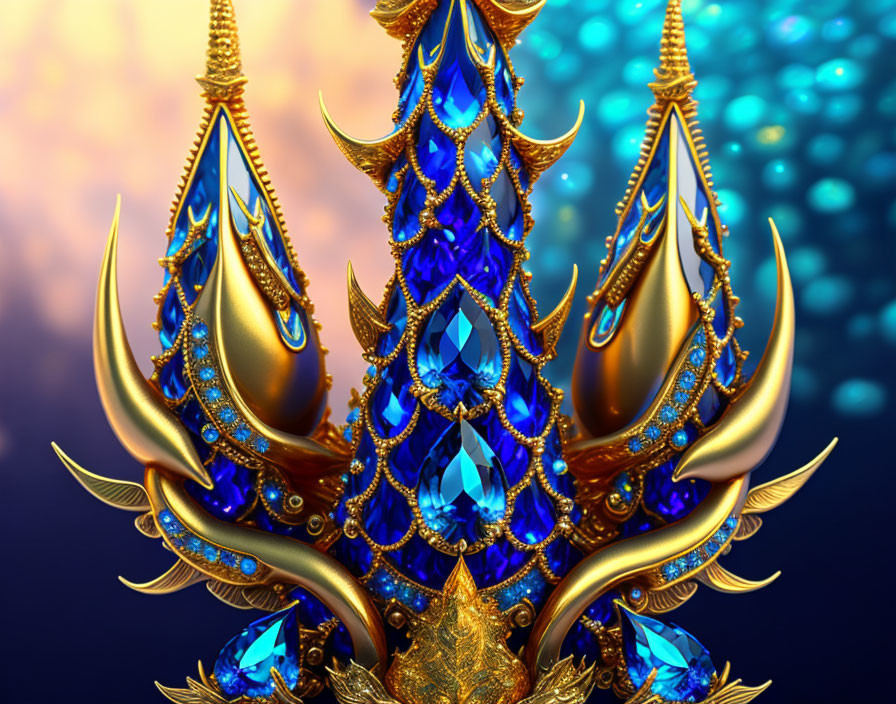 Golden Crown with Blue Gemstones and Elegant Curves on Blurred Background