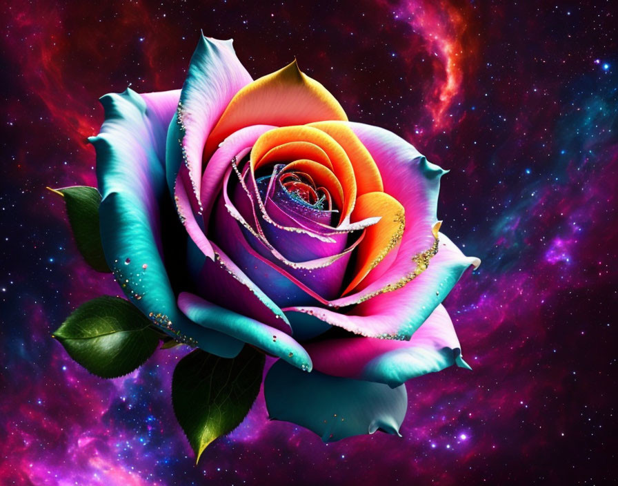 Multicolored rose with dewdrops on cosmic background