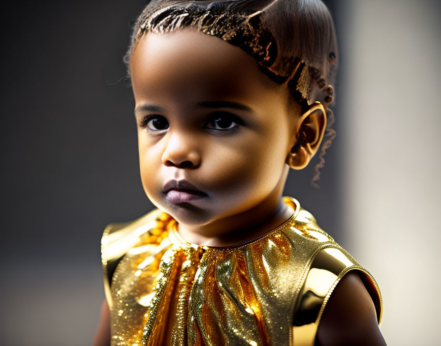 Young child in solemn expression wearing golden outfit.