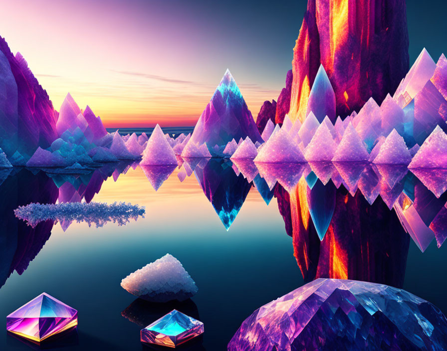 Vibrant purple and blue crystal formations in tranquil sunset landscape