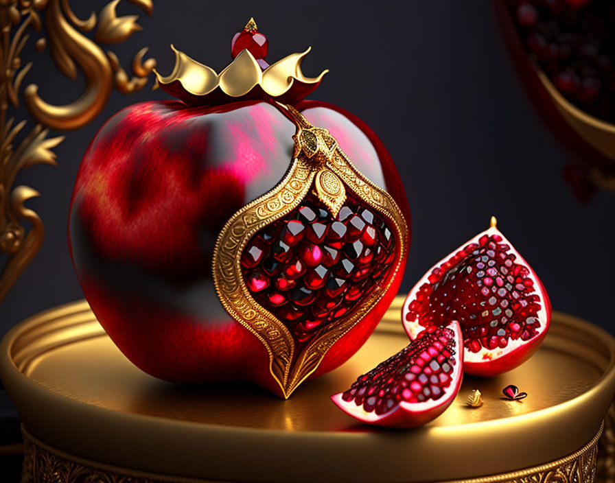 Luxurious ornate pomegranate with ruby-like seeds on golden stand.