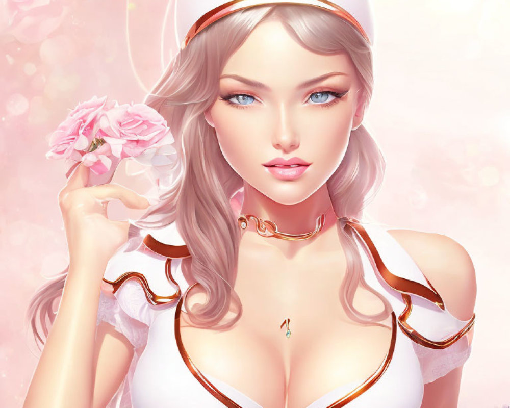 Digital artwork of woman with blue eyes and blonde hair in nurse's attire holding a pink flower