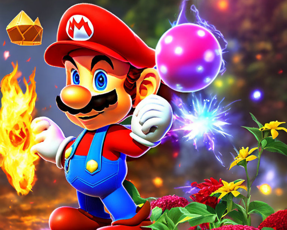 Colorful Animated Mario Character with Magical Effects and Gold Gem