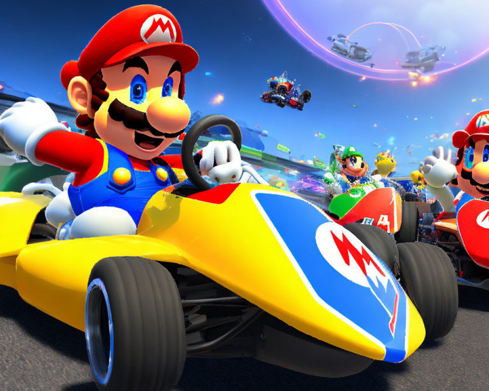 Futuristic go-kart race with Mario characters on vibrant track