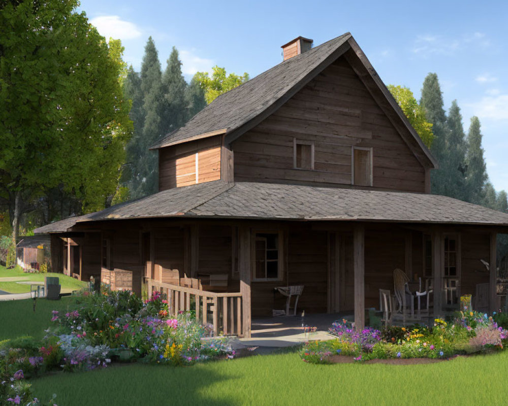 Rustic wooden cabin with wraparound porch in green landscape