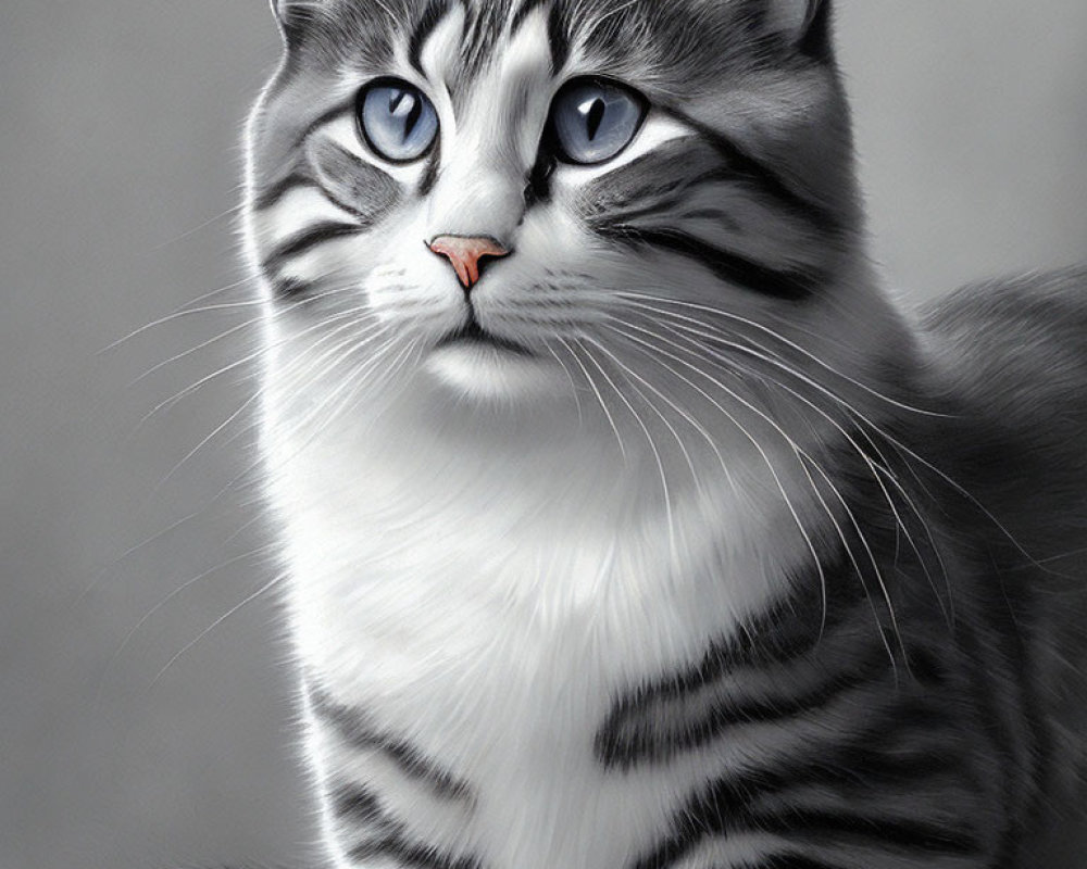 Grayscale cat image with blue eyes and tabby markings