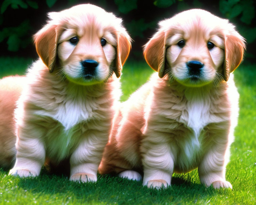 Fluffy Golden Retriever Puppies on Green Grass