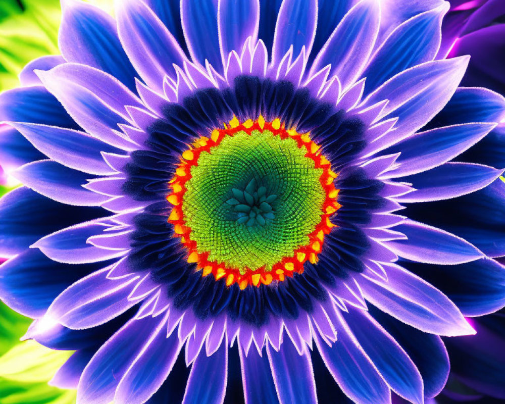 Close-up of Vibrant Blue and Purple Flower with Neon Green Center