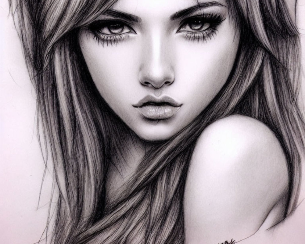 Detailed pencil sketch of young woman with intense eyes and wavy hair.