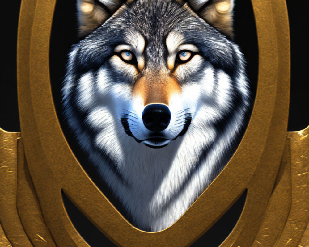 Detailed digital wolf head illustration with piercing eyes on ornate golden emblem.