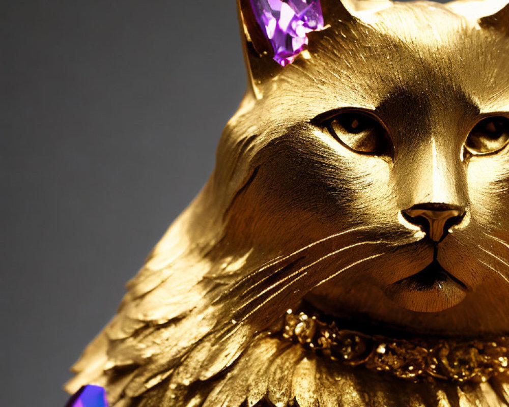 Golden Cat Sculpture with Purple Gemstone Eyes on Grey Background