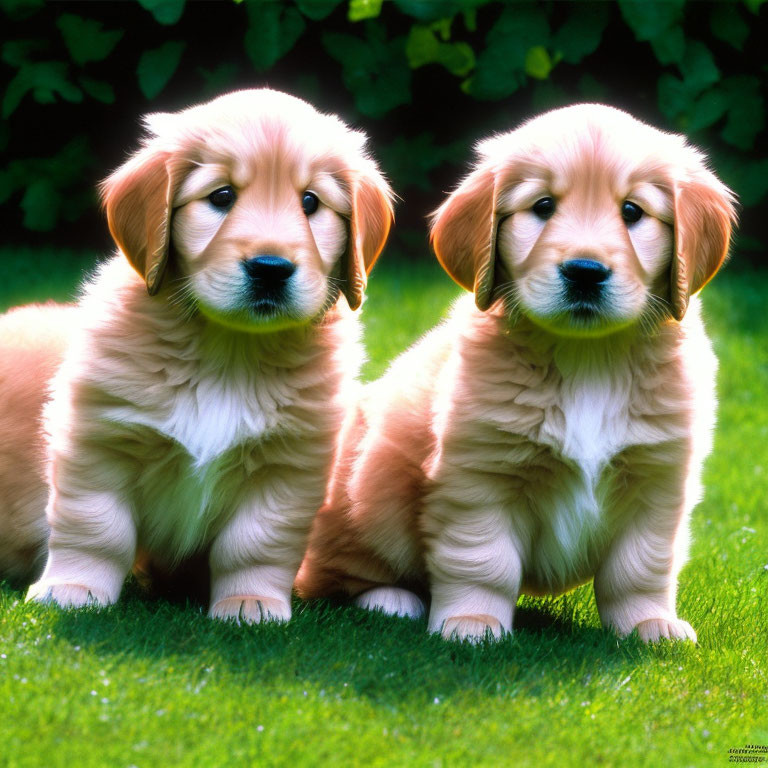 Fluffy Golden Retriever Puppies on Green Grass