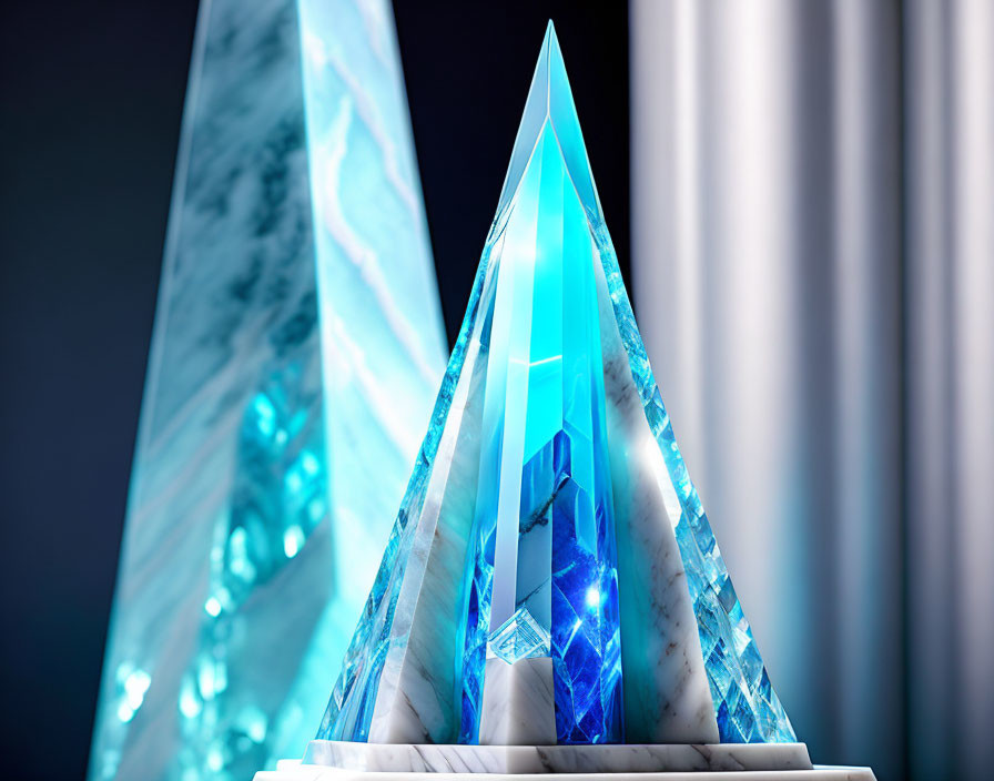 Blue-tinted crystal sculpture on marble base against grey backdrop