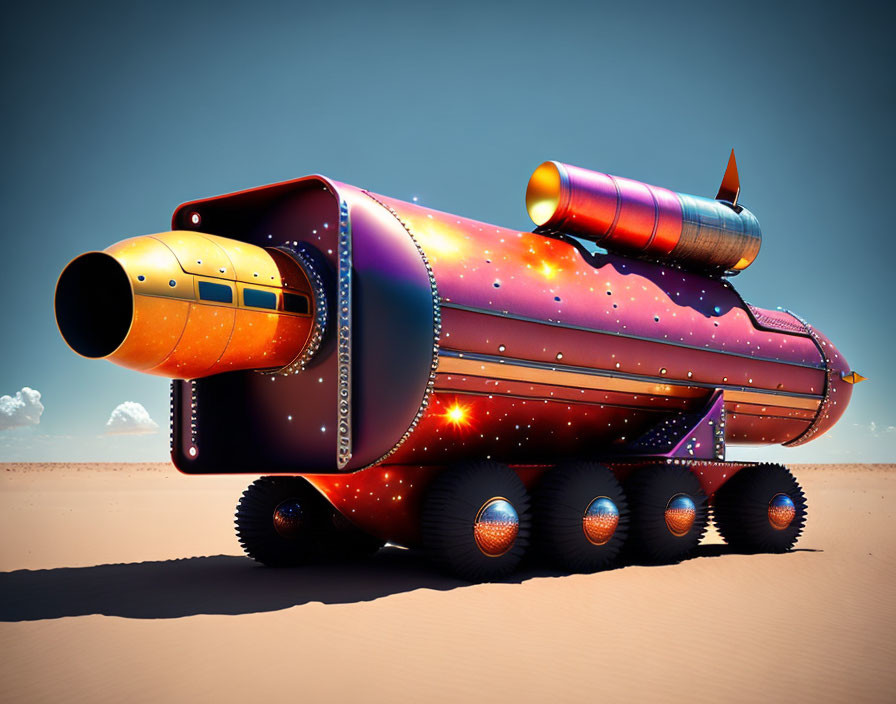 Vibrant Rocket-Shaped Vehicle on Desert Landscape