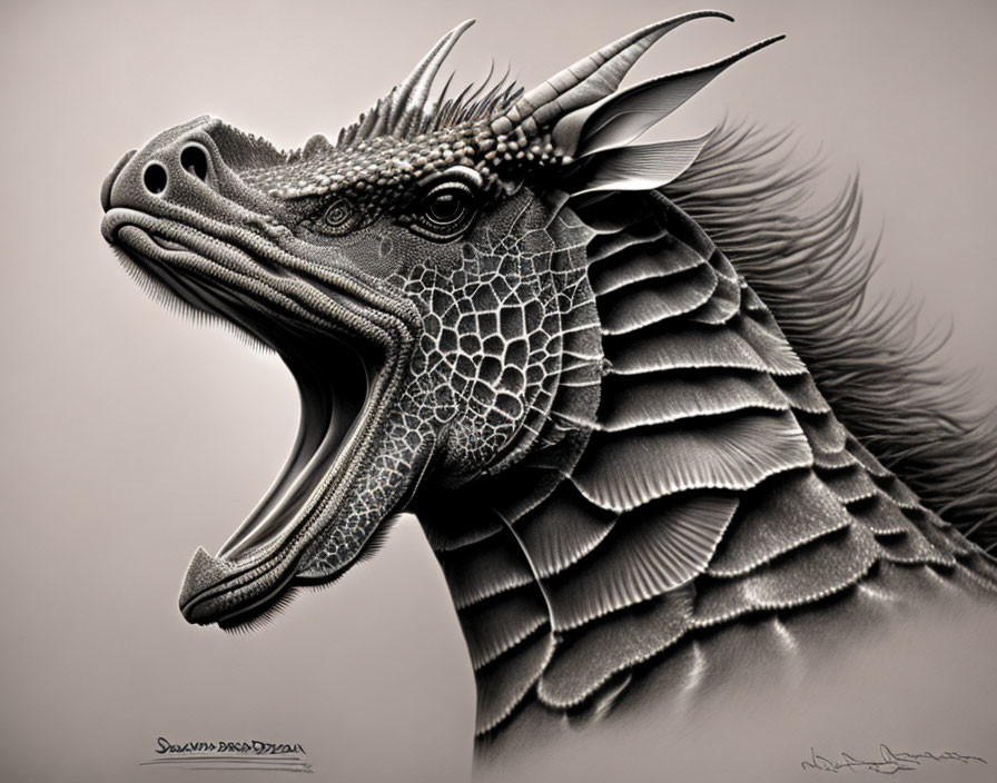 Detailed grayscale dragon head illustration with scales, horns, and open mouth.