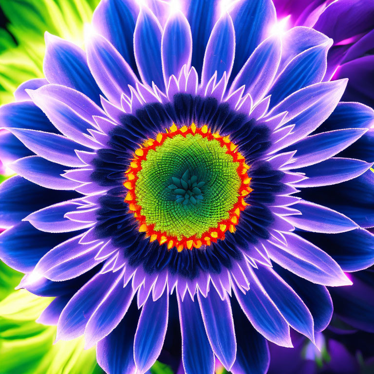 Close-up of Vibrant Blue and Purple Flower with Neon Green Center