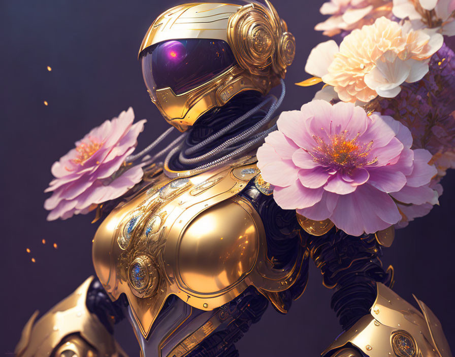 Golden robot with reflective visor among pink and peach flowers on warm backdrop