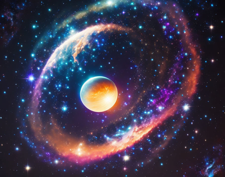 Vibrant cosmic scene with swirling galaxy and glowing orange planet